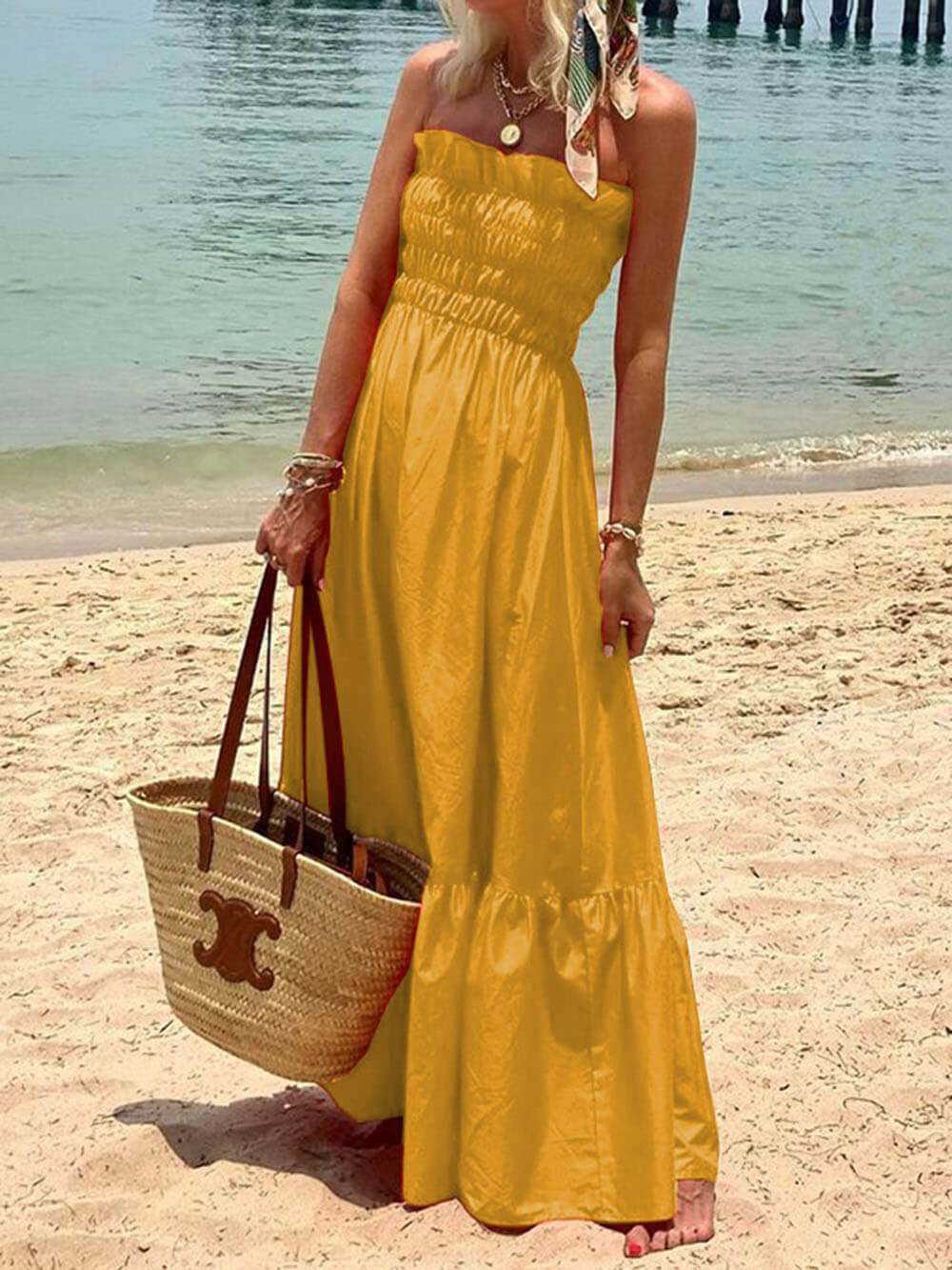 Off Shoulder Smocked Bust Vacation Maxi Dress